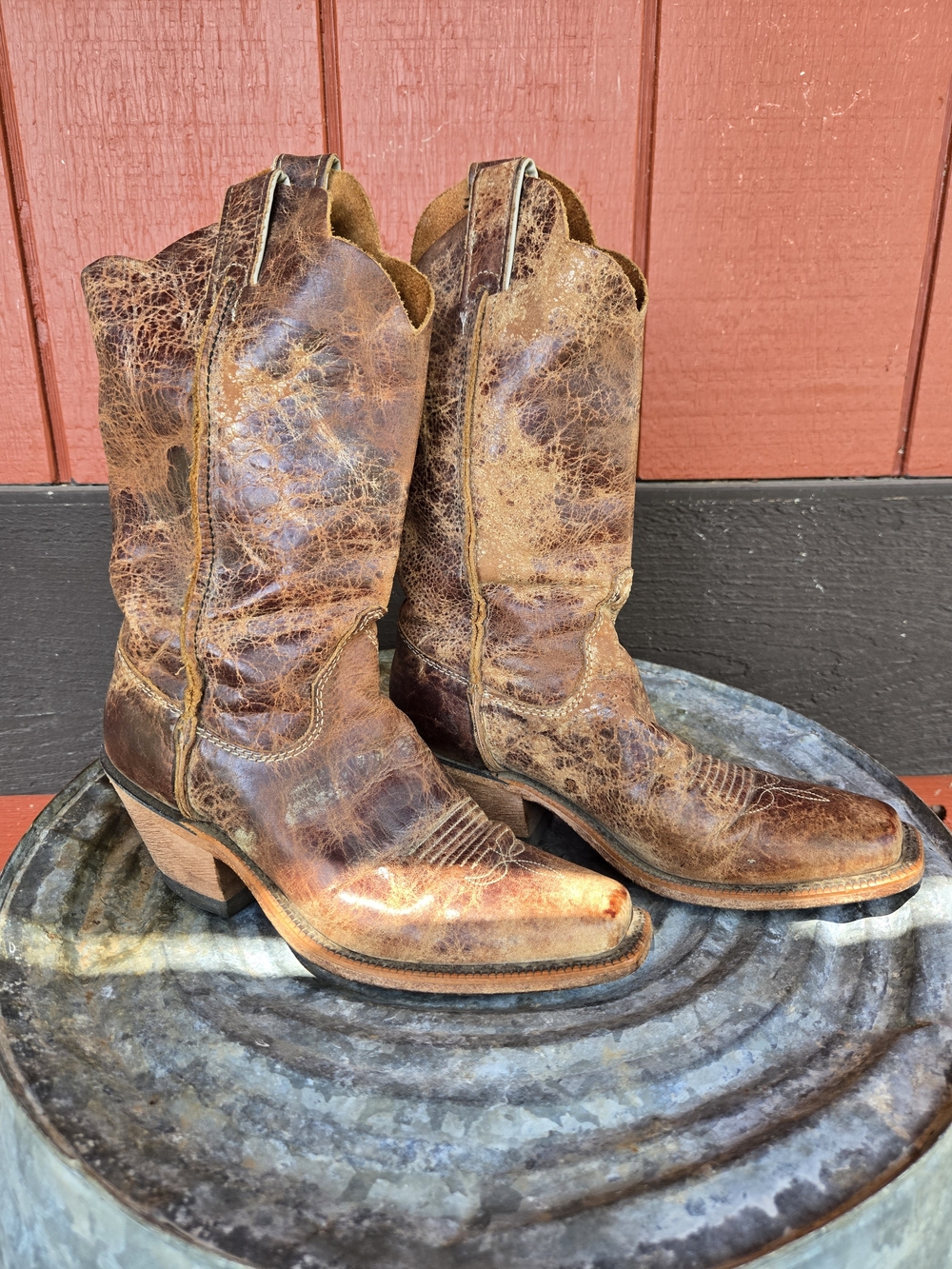 Justin Boots Brown Distressed Leather Western Heeled Boots